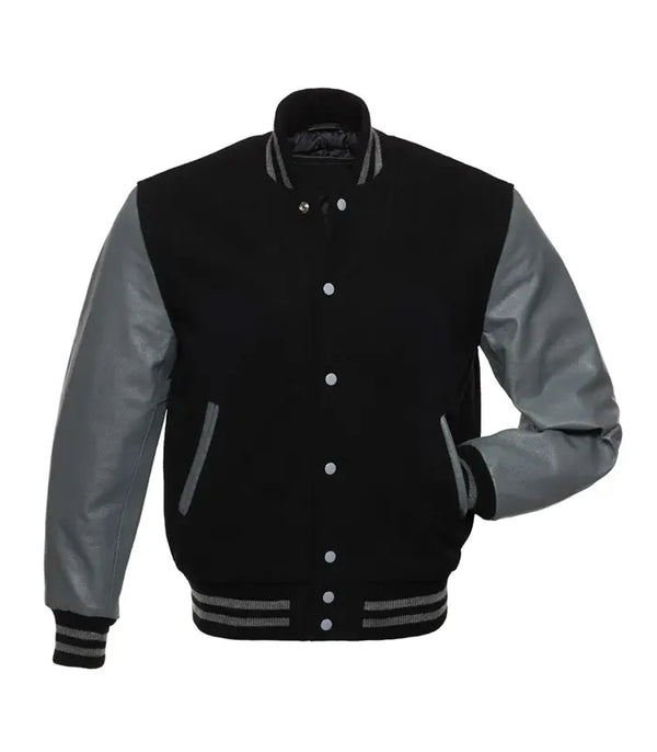 Black varsity jacket with gray leather sleeves, ribbed cuffs, and button front