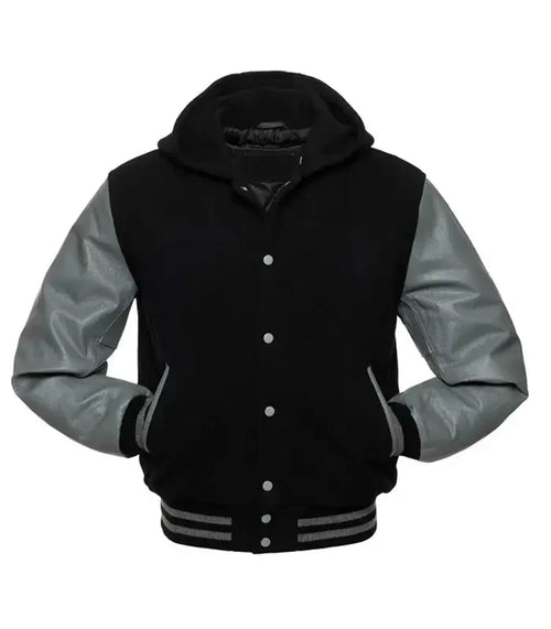 Black and grey letterman hoodie jacket front view with baseball jacket styling, contrast sleeves, and ribbed cuffs.