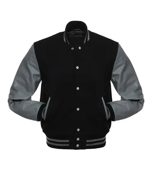 Black and gray varsity jacket with leather sleeves, button front, and striped cuffs