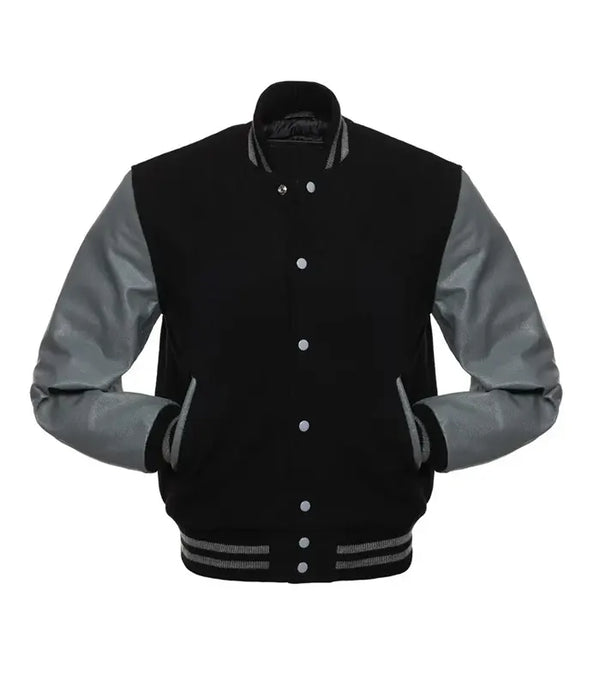 Black and gray varsity jacket with leather sleeves, button front, and striped cuffs
