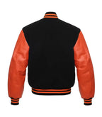 Black wool varsity jacket with orange leather sleeves and striped trim, back view