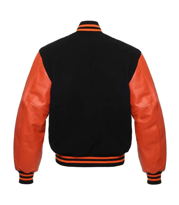 Black wool varsity jacket with orange leather sleeves and striped trim, back view