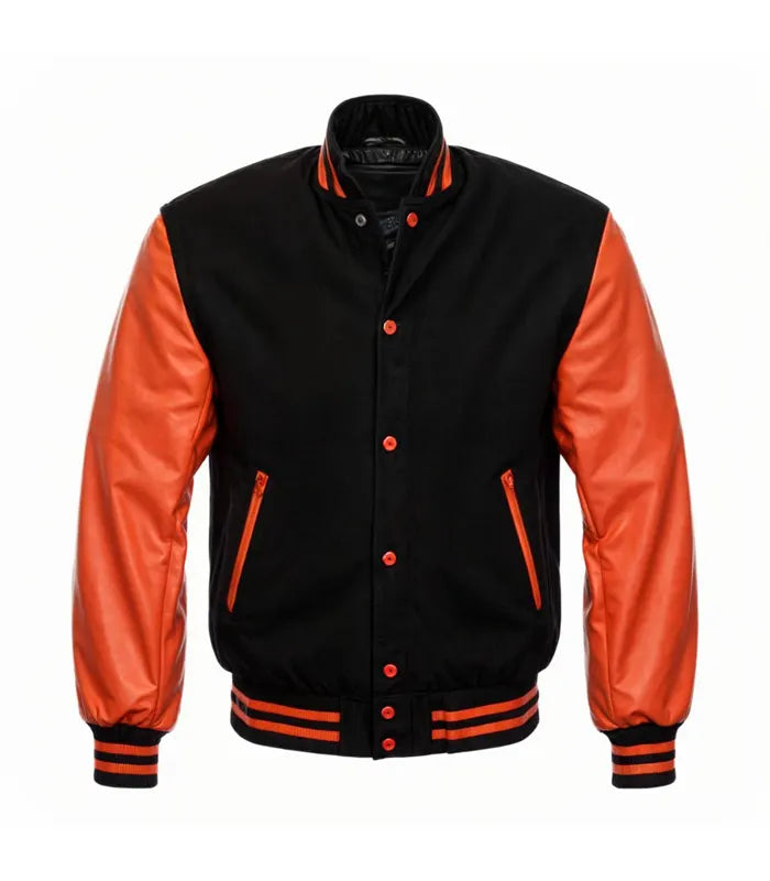 Black and orange varsity jacket with leather sleeves, snap buttons, and striped cuffs