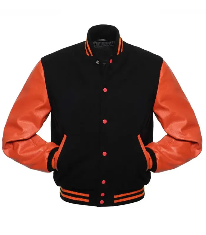 Black and orange varsity jacket with leather sleeves, snap buttons, and striped trim