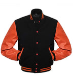 Black and orange varsity jacket with leather sleeves, snap buttons, and striped trim