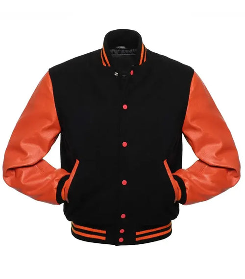 Black and orange varsity jacket with leather sleeves, snap buttons, and striped trim
