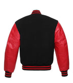 Black and red varsity jacket with leather sleeves and striped cuffs, back view