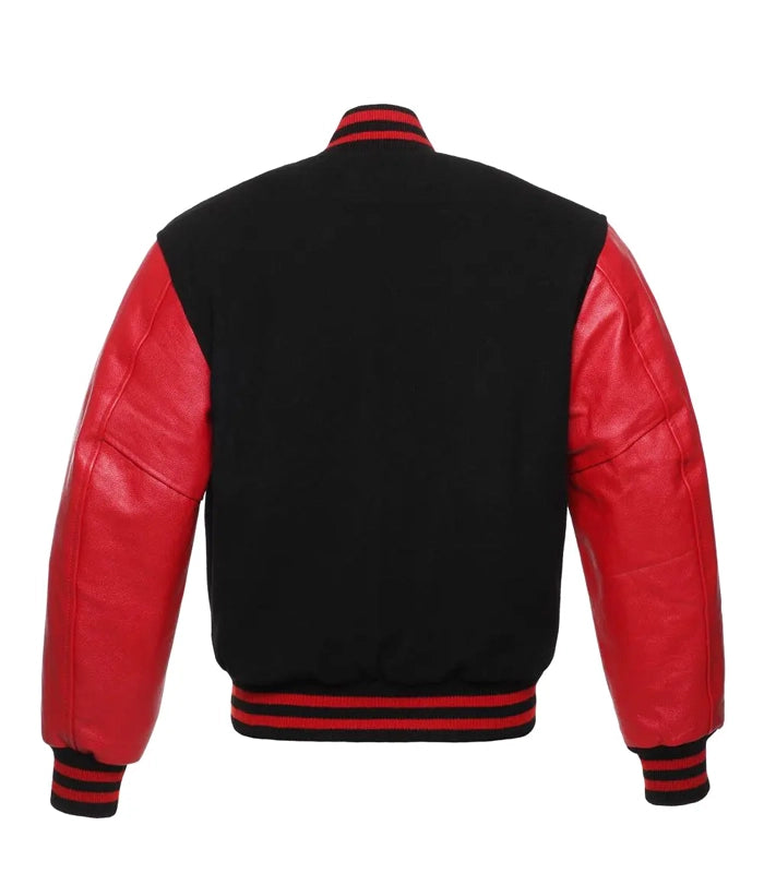 Black and red varsity jacket with leather sleeves and striped cuffs, back view