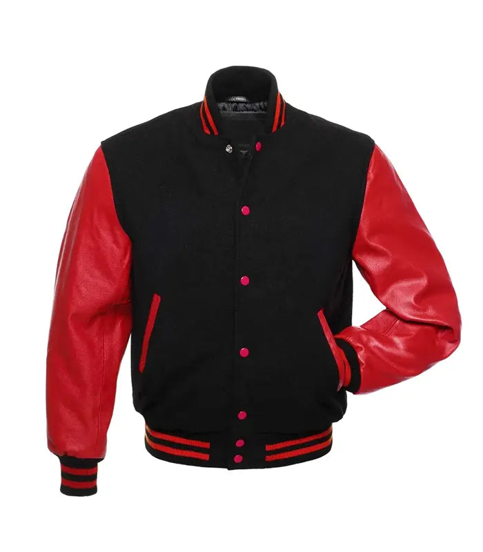 Black wool varsity jacket with red leather sleeves, pink buttons, and striped trim for custom team wear