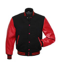 Black wool varsity jacket with red leather sleeves, pink buttons, and striped trim for custom team wear