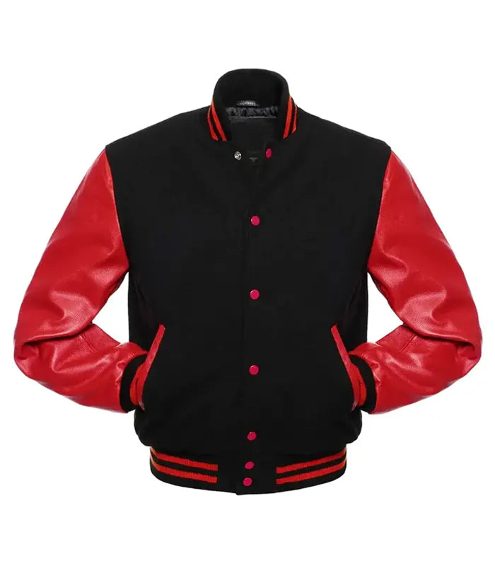 Black and red varsity jacket with leather sleeves, pink buttons, and striped trim