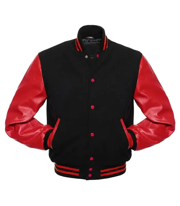 Black and red varsity jacket with leather sleeves, pink buttons, and striped trim