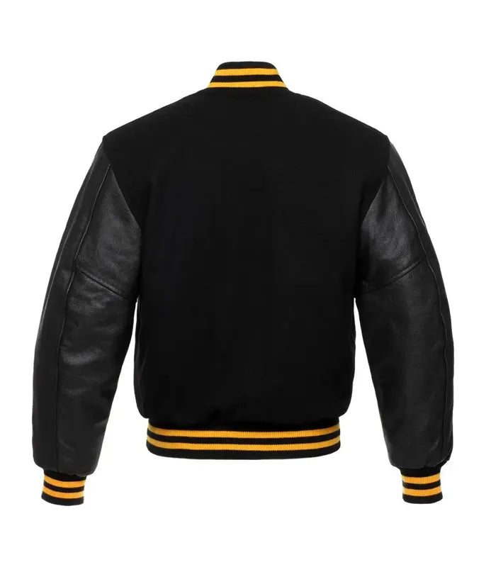 Black varsity jacket with yellow stripes, leather sleeves, and ribbed cuffs for custom team wear