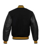 Black varsity jacket with yellow stripes, leather sleeves, and ribbed cuffs for custom team wear