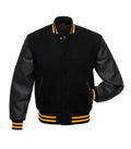 Black varsity jacket with yellow stripes, leather sleeves, and button front for custom team wear
