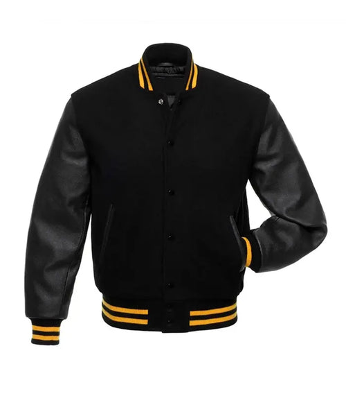Black varsity jacket with yellow stripes, leather sleeves, and button front for custom team wear