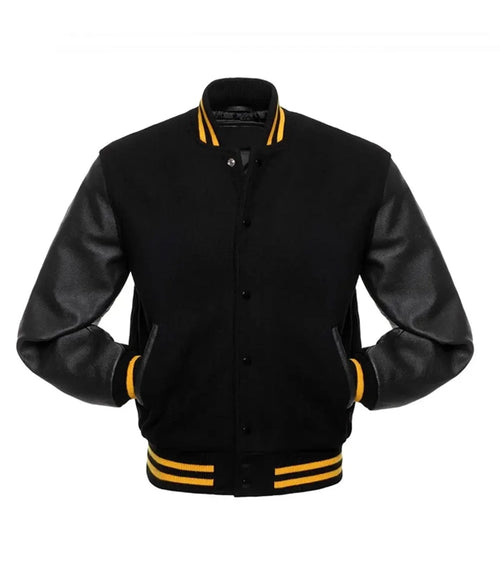 Black varsity jacket with yellow stripes, leather sleeves, and button front for custom team wear