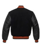 Black varsity jacket with orange stripes, leather sleeves, back view