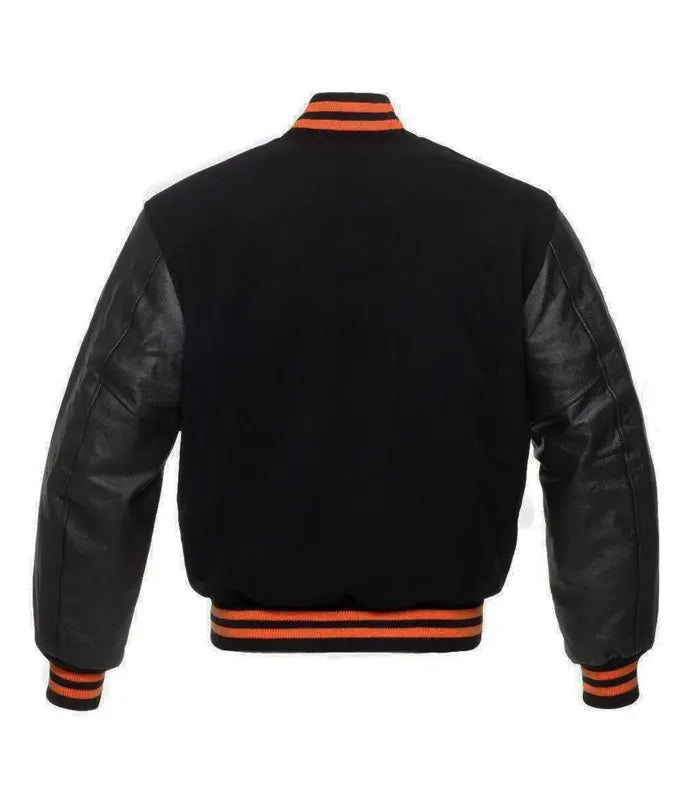 Black varsity jacket with orange stripes, leather sleeves, back view