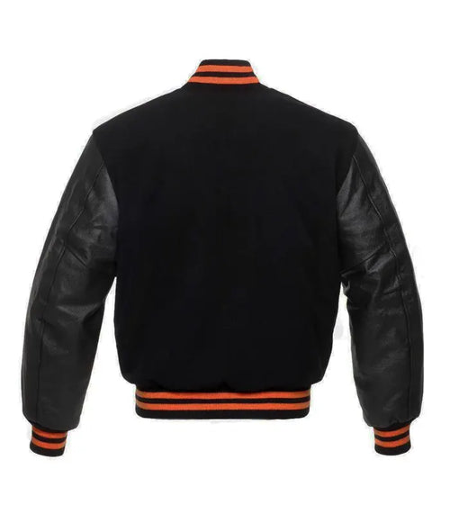 Black varsity jacket with orange stripes, leather sleeves, back view