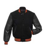 Black varsity jacket with orange stripes, leather sleeves, and button front for custom team wear
