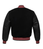 Black varsity jacket with leather sleeves and red, white, black striped trim on collar, cuffs, and hem