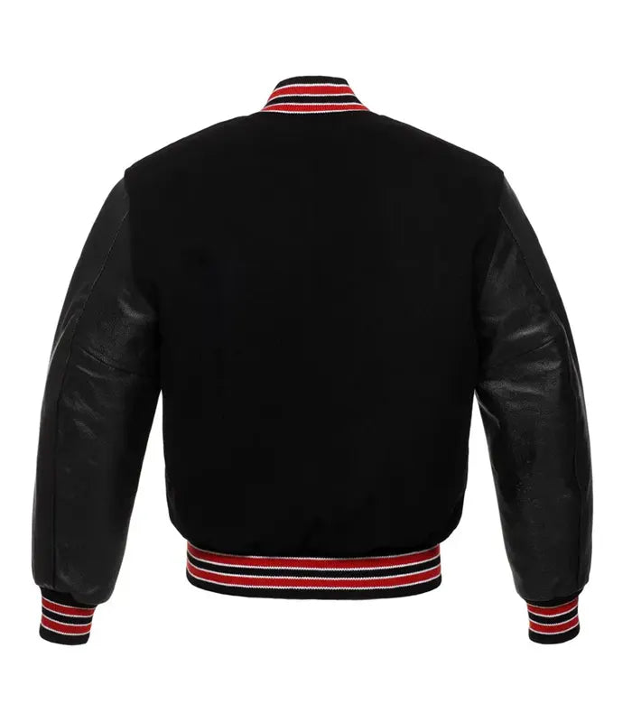 Black varsity jacket with leather sleeves and red, white, black striped trim on collar, cuffs, and hem
