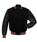 Black varsity jacket with red and white striped trim, leather sleeves, front button closure
