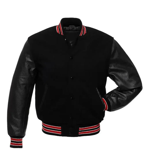 Black varsity jacket with red and white striped trim, leather sleeves, front button closure