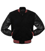 Black varsity jacket with leather sleeves and red-white striped trim, customizable for teams or individuals.