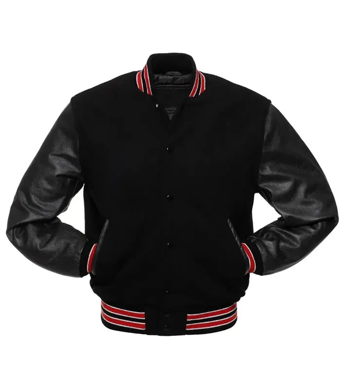 Black varsity jacket with leather sleeves and red-white striped trim, customizable for teams or individuals.
