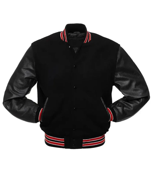 Black varsity jacket with leather sleeves and red-white striped trim, customizable for teams or individuals.