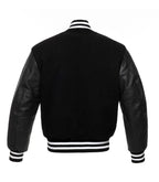 Black varsity jacket with leather sleeves and white striped cuffs and collar, back view