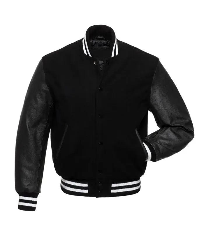 Black varsity jacket with leather sleeves and white striped trim, customizable for teams or individuals.