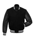 Black varsity jacket with leather sleeves and white striped trim, customizable for teams or individuals.