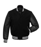 Black varsity jacket with leather sleeves and white striped trim, customizable for teams or individuals.