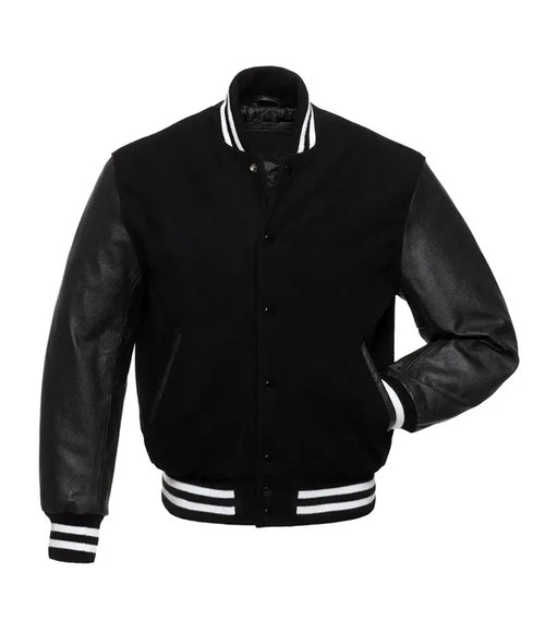 Black varsity jacket with leather sleeves and white striped trim, customizable for teams or individuals.