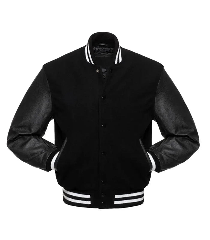 Black varsity jacket with leather sleeves and white stripes, customizable for teams or individuals