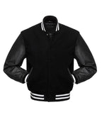 Black varsity jacket with leather sleeves and white stripes, customizable for teams or individuals