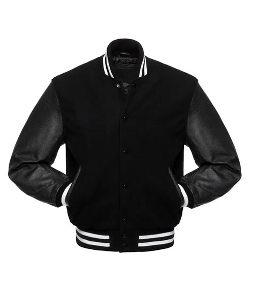 Black varsity jacket with leather sleeves and white stripes, customizable for teams or individuals