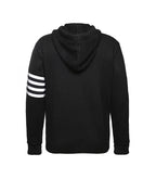 Back view of black and white varsity hoodie sweater with hood and varsity sleeve stripes
