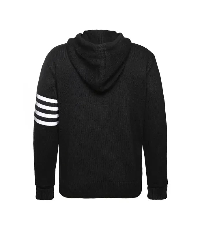 Back view of black and white varsity hoodie sweater with hood and varsity sleeve stripes