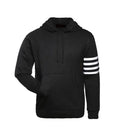 Front view of black and white varsity hoodie sweater with kangaroo pocket and sleeve stripes