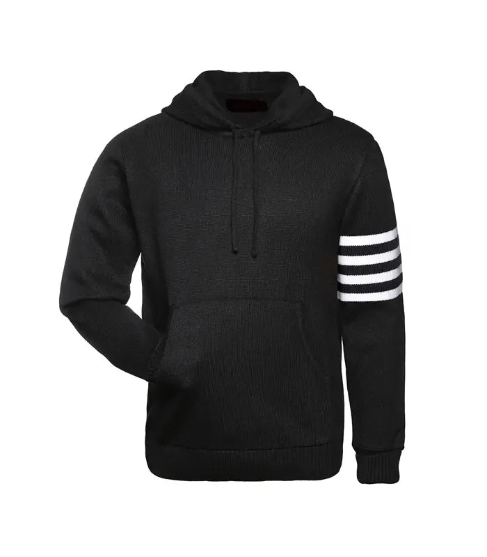 Front view of black and white varsity hoodie sweater with kangaroo pocket and sleeve stripes