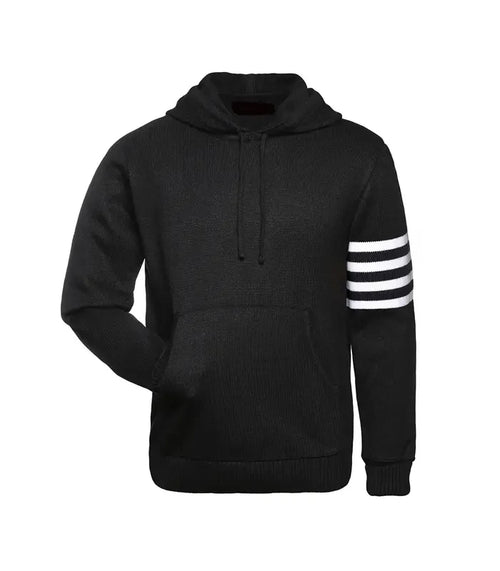 Front view of black and white varsity hoodie sweater with kangaroo pocket and sleeve stripes