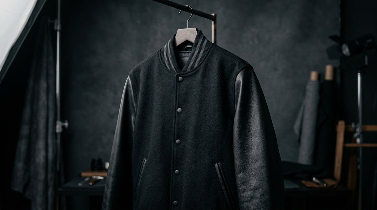 Black varsity jacket with leather sleeves hanging on a rack in a dark studio setting.