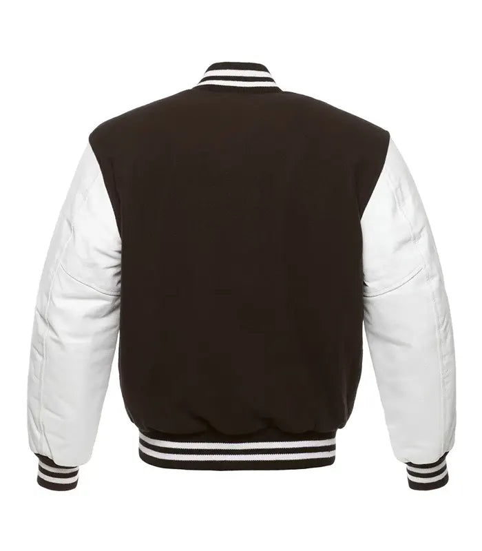 Black and white varsity jacket back view with striped cuffs and collar