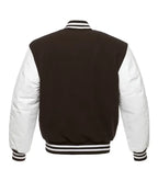 Black and white varsity jacket back view with striped cuffs and collar