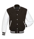 Black and white varsity jacket with striped cuffs and collar, button-front design