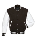 Black and white varsity jacket with striped cuffs and collar, button-front design